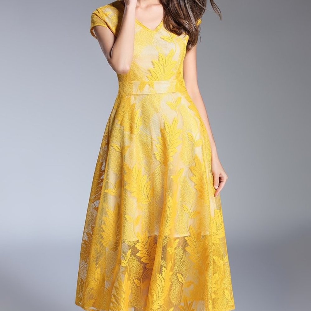 Yellow Leaves Lace-Overlay Midi Dress
